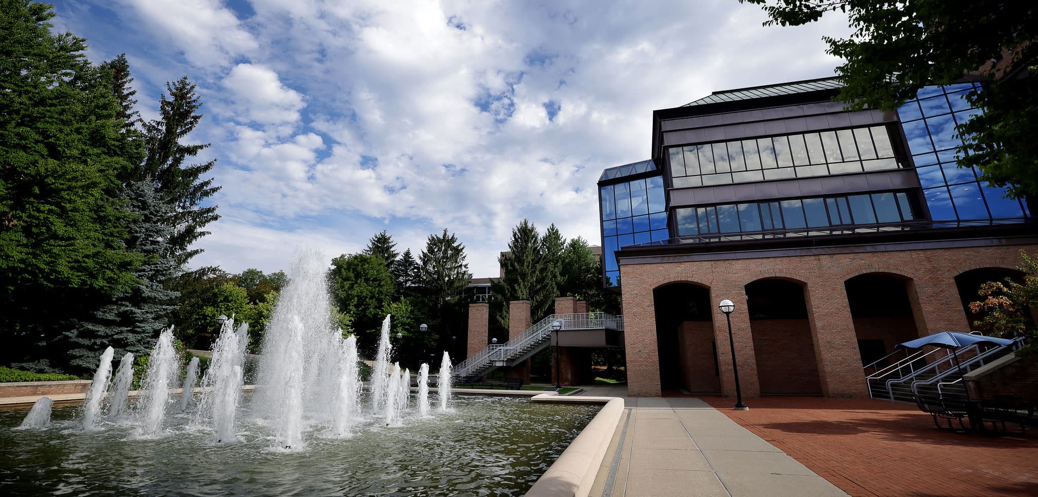 North campus scene: Fountain and a corner of the Lurie Engineering Center.